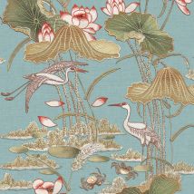 Design Id - Teal Lotus Pond Wallpaper Crane Lily Pads Silk Textured Paste The Wall