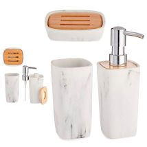 Juego de accesorios de baño 3 piezas plástico y bambú – Jabonera 11,5 x 8 x 2 cm – Dispensador 180 ml – Vaso 180 ml