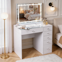 Fenchilin Dressing Table With Led Lighting, Dimmable, 6 Drawers, 92 X 81 X 55 Cm, Including A Vanity Mirror, White