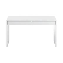 Scrivania, Scrittoio Multifunzione Reversibile Da Ufficio, Tavolo Da Studio Porta Pc Con 2 Cassetti, Cm 138x50h75, Bianco Lucido