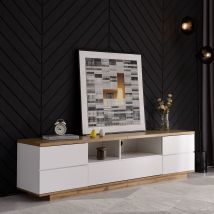 Meuble Tv 180 Cm Blanc Et Effet Bois Avec Portes Design Grille, Meuble Bas Tv Avec 5 Portes Et Niches Ouvertes, Meuble Tv Moderne Avec Rangement Pour 
