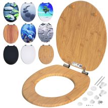 Asiento De Inodoro Tapa Wc Descenso Automático Doble Mdf Bisagras De Metal Inoxidable Carga 175kg Antibacteriano Bambú - Casaria