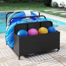 Goplus Coffre De Jardin Exterieur Avec Portant Roues, Coffre Jardin Exterieur Mobile En Rotin Pe Avec Et 2 Porte-serviettes, Coussins, Flotteur 