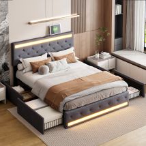Lit Adult 140x190 Avec Tiroirs, Lit 140x190, Lit Double, Lit Avec Tissu En Lin, Éclairage Led Et Rangement Intégré Pour Une Expérience De Sommeil 