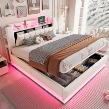 Letto 180x200 Cm, Letto Contenitore Per Adulti Con Led E Porte Usb, Vano Contenitore Idraulico, Velluto, Rete A Doghe, Struttura In Metallo, Beige