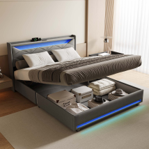 Cama Matrimoniales 160x200, Cama 160x200 Con Somier, Cama Doble, Cama Para Adultos, Puertos Usb E Iluminación Led Regulable, Tela De Lino, Gris