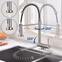 Grifo De Cocina Plegable Con Muelle En Acero Inoxidable Cepillado, Con Ducha Extraíble De 2 Chorros, Grifo De Fregadero Giratorio 360° En Inox 304