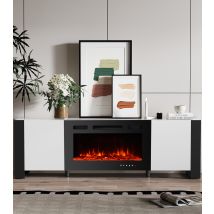 165cm White Modern Tv Stand - With 900w/1800w Electric Fireplace (12 Flame Colors) And 2 Cabinets