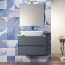 Mobile Bagno Sospeso 100 Cm Blu Oceano 2 Cassetti Specchio Top Per Lavabo Da Appoggio