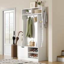 Ensemble Armoire, Ensemble Complet Armoire D'Entrée Avec Banc, 6 Crochets, 1 Porte Et 4 Compartiments De Rangement Ouverts - Blanc, 100×185,5×40 Cm (l