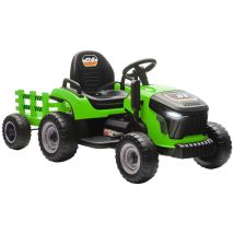 Tractor Eléctrico Para Niños Con Remolque Desmontable Batería 12v Velocidad 3-5 Km/h, Control Remoto 2,4g Verde