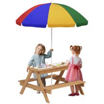 Aiyaplay - Wooden Kids Picnic Table, Sand And Water Table W/ Benches, Parasol