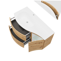 Mueble De Baño Suspendido De 105 Cm En Madera De Roble Dorado Con Lavabo - Arona - Colonna E Specchio Rotondo Touch Con Led