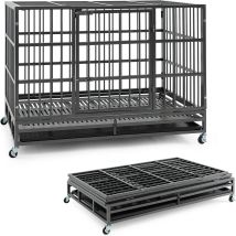 Cage Pour Chien Pliable En Métal Avec Roues Verrouillables, Cage Avec Double Portes Verrouillables, Plateau Amovible, Cage Intérieur Extérieur Pour 