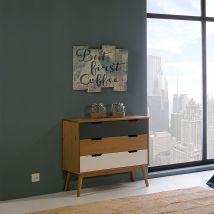 Commode 3 Tiroirs En Pin Naturel, Gris Et Blanc - Jizer