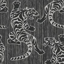 Vymura - Discontinued Tiger Wallpaper Animal Print Glitter Metallic Shiny Silver Black Textured Vinyl
