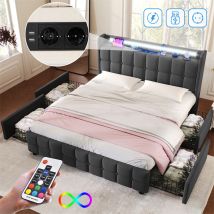 Cama Doble 160x200cm, Cama Capitonada Con Somier A Lattes, Cabecero Led Con Almacenamiento Y Carga Usb, Lino, Gris