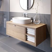 Vitusso - Bathroom Oak Wall Hung Vanity Unit And Basin Sink Cabinet Storage 1100mm Right Hand Shelving Unit With 600mm Oval White Basin