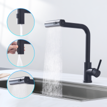 Robinet De Cuisine Noir Cascade Avec Douchette Extractible, Mitigeur D'Évier Pivotant À 360°, 3 Jets, En Inox Sus304, Design Moderne Et Durable