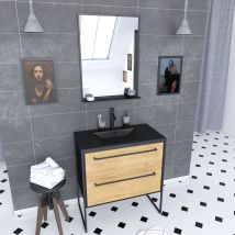 Mueble Baño 80x50 Cm Negro Mate 2 Cajones + Lavabo + Espejo