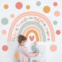 Ahlsen - Pegatinas De Pared De Arcoíris Con Lunares Bohemios, Pegatinas De Pared De Flores Rosas Para Habitación De Niña, Decoración De Pared Para El 