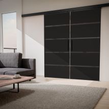 Double Porte Coulissante 180 X 203 Cm Porte Intérieure, Large Bandes Sablées Anthracite - Poignée Barre