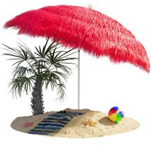 Kingsleeve - Hawaii Parasol 1.8m Height 1.6m Diameter Uv30+ Protection Tiltable Height-adjustable Ground Spike Large Round Straw Raffia Tiki Umbrella 