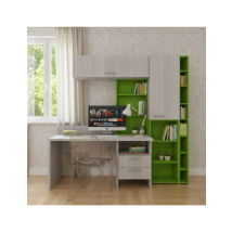 Angolo Studio Multifunzionale Con Libreria A Profondità Variabile E Cassettiera Integrata - Rovere Rock E Verde Mela