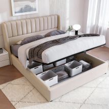 Lit Coffre 160x200, Lit Adulte, Sommier À Lattes, Style Moderne, Tête De Lit Design, Tissu En Lin, Beige
