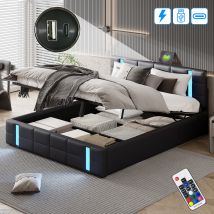 Stauraumbett 140x190 Cm, Mit Led-beleuchtung, Stauraum, Usb-a/c-ladestation, Lattenrost Aus Holz, Metallrahmen, Modernes Kunstlederbett Für Erwachsene