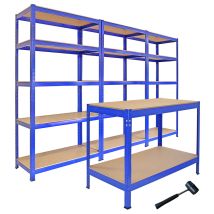 Monster Racking - 3 Estanterías T-rax Azules 90x45x180cm + 1 Mesa De Trabajo Azul Q-rax 120x60x90cm Sin Tornillos Estación Banco De Trabajo 