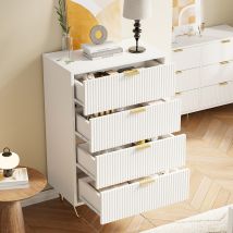 Pergar – Commode Blanche 4 Tiroirs 60x34x91 Cm – Motif Ondulé – Poignées En Métal Doré – Dispositif Anti-basculement – Assemblage Facile