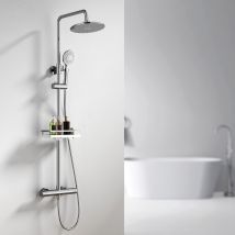 Sistema Doccia Con Termostato E Ripiano Cromato, Miscelatore Completo Con Soffione Rotondo, Doccetta Abs 3 Getti, Sicurezza 38 °c, Set Doccia Moderno 