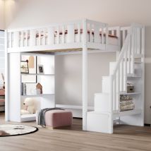 Lit Mezzanine Enfant 90x200 Cm Avec Escalier Rangement, Bois, Blanc/gris
