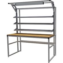 Banco de trabajo Workalu de aluminio modular – Tablero 1750 mm – Grosor 25 mm – Carga máxima 350 kg – 3 baldas regulables – Lámpara LED