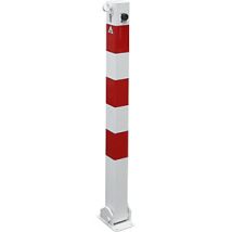 Poste barrera de acero plegable con cerradura – 70 x 70 mm – 3 llaves incluidas – Franjas reflectantes rojas – Recubrimiento en polvo blanco