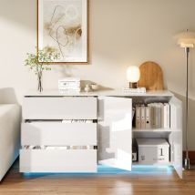 Aparador Blanco Salón, Cómoda - 160x35x76 Cm - 3 Cajones + Estante De Dos Niveles - Acabado Brillante - Estilo Contemporáneo