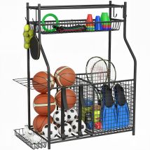 Sportnow Organizador De Equipos Deportivos Con Cesta, Ganchos Extraibles Y Bandas Elásticas, Para Balones De Baloncesto, Fútbol, Para Casa Gimnasio