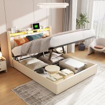 Lit Rembourré 140 X 200 Cm Avec Éclairage Led Et Prise Usb,tête De Lit Avec Rangement,lit Coffre Décoration À Rivets,velours Beige