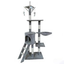 Rascador Para Gatos De 140 Cm De Alto, Casa De Felpa De Varios Niveles, 7 Postes, 1 Cueva, 1 Hamaca Y 3 Juguetes, Gris Claro