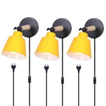 3 Pezzi Lampada Da Parete Moderno Applique Da Parete Con On/off Interruttore Lampada Muro In Metallo E Legno Giallo Ø12cm
