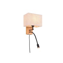 Nilam Applique Base Legno Naturale E Metallo Nero Con Lampada Lettura E Paralume Rettangolare Bianco L.25cm 2 Luci-1 Attacco E27- Led 3,1w 310lm, 