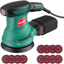 Hychika - Exzenterschleifer, 300 W Schleifer, 6 Geschwindigkeiten, Mit 12 Stück Schleifpapier (körnung 80/120/240, 8 Löcher, 125 Mm), Schleifer Mit 