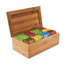 Caja De Té Bambú, Tea Box Con Tapa, 4 Compartimentos Para 80 Bolsas Infusiones, Cajita Joyas Madera, Natural - Relaxdays