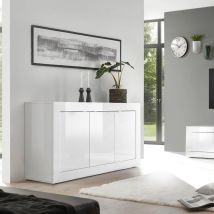 Buffet Basico - Décor Blanc Laqué Brillant - 3 Portes - L160 X P42 X H85,8 Cm