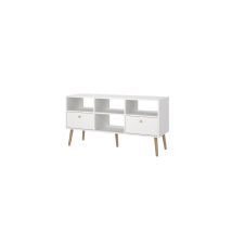 Mobile Tv Tvilum Bodo Bianco Opaco 2 Cassetti Gambe E Maniglie In Legno Naturale 117x39x61 Cm