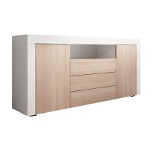 Buffet Bas 160x72x35cm – 2 Portes Et 3 Tiroirs – Finition Mélamine Mate – Système D'Ouverture Push-click – Meuble De Rangement Blanc Et Sonoma
