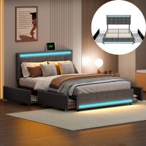 Cama Capitonada 140x190 Cm, Cama Doble Para Adulto - Con 4 Cajones, Somier A Lattes De Madera Maciza, Iluminación Led, 2 Puertos Usb, Revestimiento En