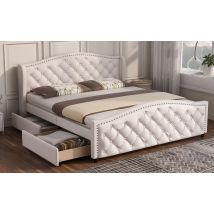 Letto Con Cassetti Letto Imbottito 140 X 200 Cm Con Rete A Doghe, 2 Cassetti E Testiera Con Rivetti Di Trazione, Similpelle, Bianco