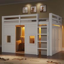 Lit Mezzanine En Bois Massif 140 X 200 Cm Avec Penderie Intégrée, 2 Fenêtres De Toit Et Éclairage Led Intégré, Couleur Blanc